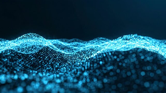Abstract Blue Glowing Particles Forming Undulating Waves Digital Technology, Motion, and Light Energy Flow, Evoking Wonder and Mystery