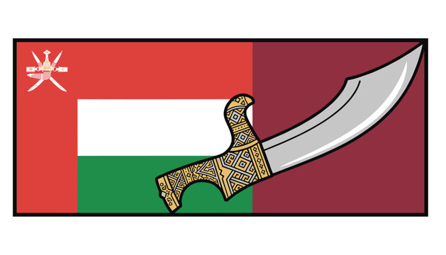 National flag of Oman presented with an ornate silver traditional khanjar dagger over a dual color background.