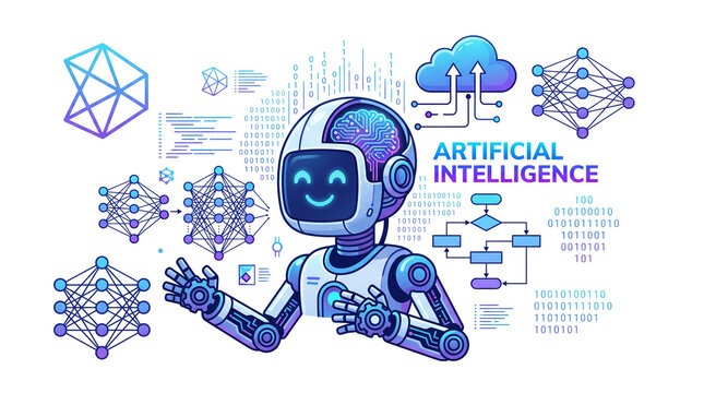 Artificial intelligence robot character with neural network icons, futuristic machine learning technology concept, blue digital AI assistant illustration isolated PNG with Transparent Background