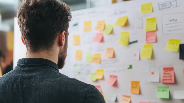 Businessman observes colorful sticky notes attached to a whiteboard during a collaborative planning session in a modern office environment.