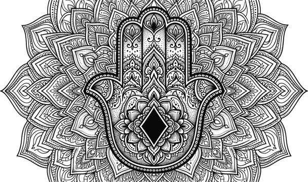 Ornate hamsa hand symbol centered within a detailed floral mandala background for spiritual adult coloring page designs
