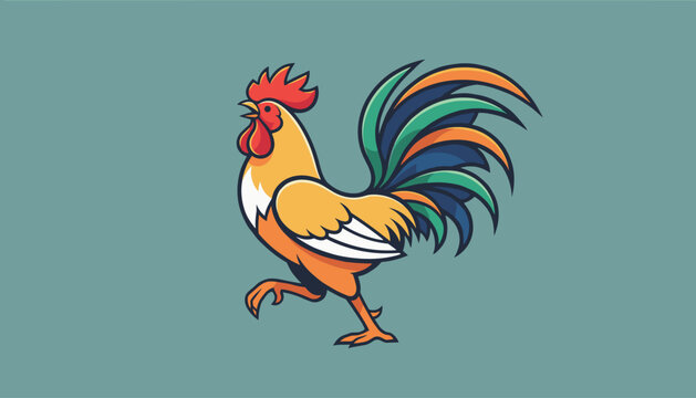 Proud walking rooster or cockerel vector design featuring bright orange feathers and a beautiful plume tail.