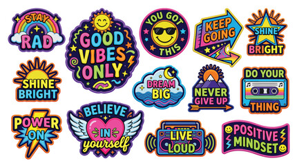 Naklejka premium Bright Cartoon Positive Affirmation Stickers Set with Motivational Slogans and Retro Elements