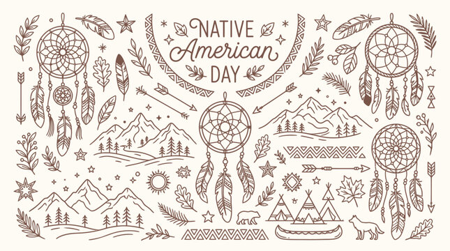 Native American Day Celebration with Traditional Symbols and Natural Elements.