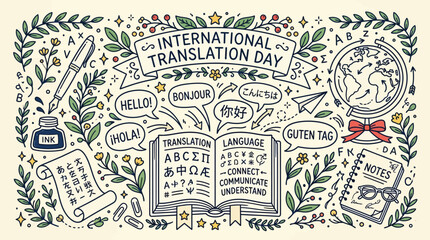 International Translation Day illustration with greetings in multiple languages and symbols of communication and learning. © Bara