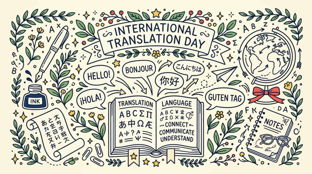 International Translation Day illustration with greetings in multiple languages and symbols of communication and learning.