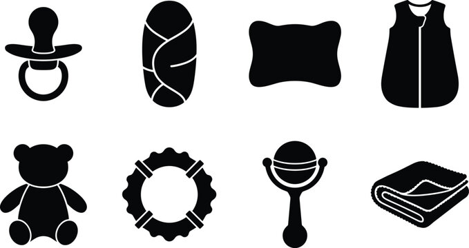 Isolated black silhouette icon set of newborn baby sleep essentials including pacifier, teddy bear, rattle, and blanket