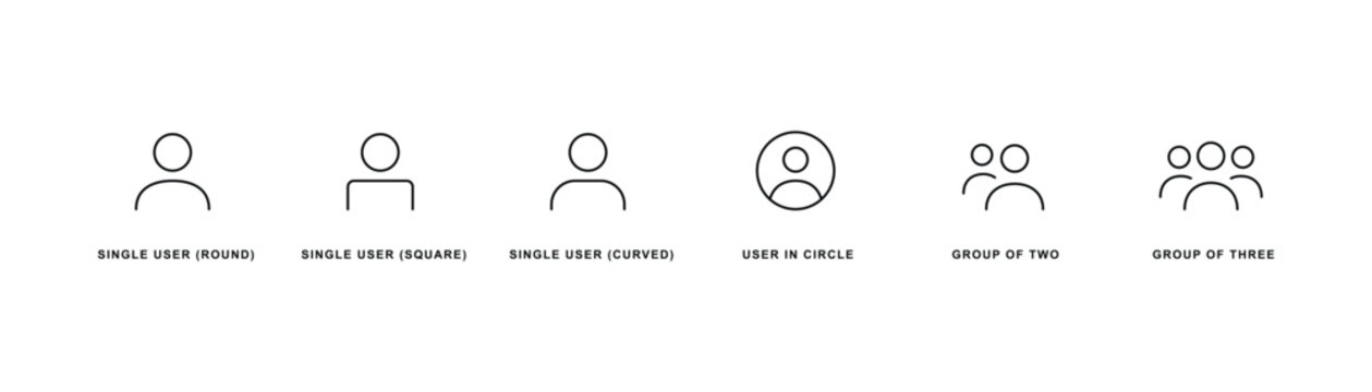 Minimalist line user profile icon set featuring outline icons for single user round square curved account user in circle group of two and group of three team users for app design