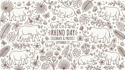 Rhino Day Celebrate and Protect September 22nd illustration with various rhinos and floral elements. © Bara
