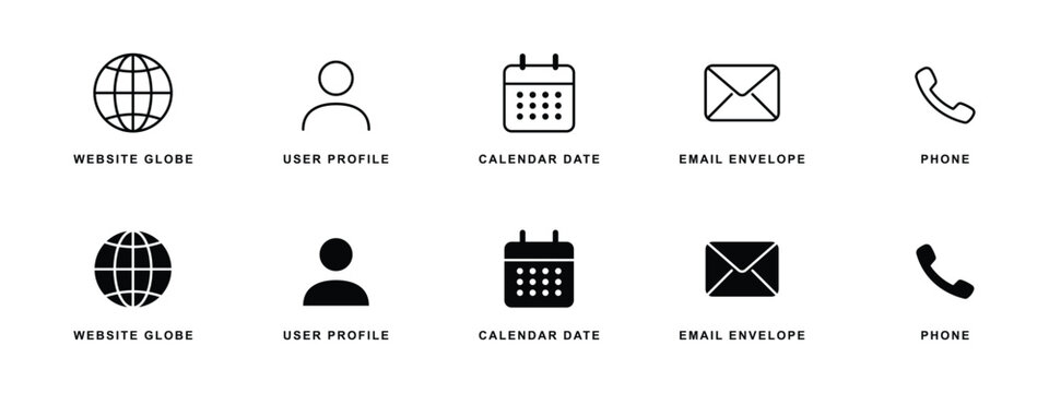 Set of contact business cards line and solid web icons including website globe user profile calendar date email envelope and phone call symbol for app interface design