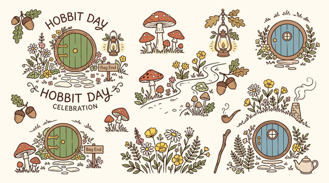 Charming illustration of Hobbit Day celebrations featuring hobbit holes, mushrooms, acorns, lanterns, and wildflowers.