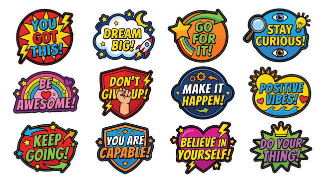 Collection of Vibrant Cartoon Motivational Patches with Positive Affirmations