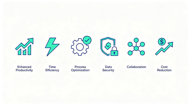 Neat display of digital management line icons, speed up production capacity, save time and optimize processes, efficient collaboration of data security teams to reduce operating costs
