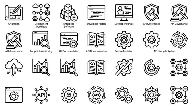 Software development and API management technical outline icons.