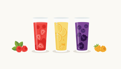 Fototapeta premium Fresh berry juice drinks in three glasses, featuring strawberry, lemon, and blueberry flavors on a white background.