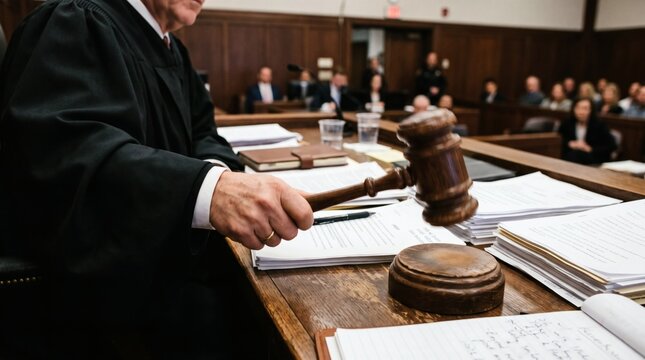 Judge in Courtroom Holding Gavel Ready to Make Decision.