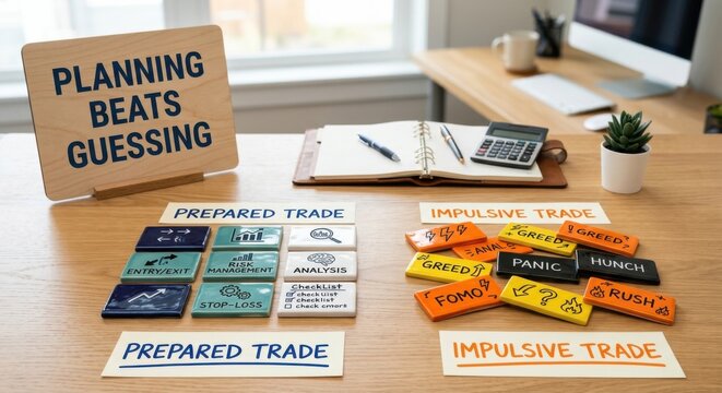 Prepared Versus Impulsive Trading Strategies Displayed with Ceramic Tiles and Labels on a Table