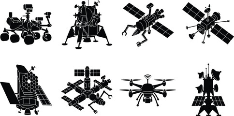 Space exploration silhouette icon set featuring rover, lander, spacecraft, satellite, telescope, station, drone, and communication probe designs © Rubina