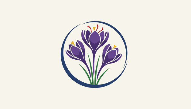 Elegant design of three purple crocus flowers blooming inside a dark circular border on a warm beige background.