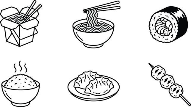 Asian food line icon set with noodles sushi roll dumpling steaming rice bowl and traditional street skewers vectors