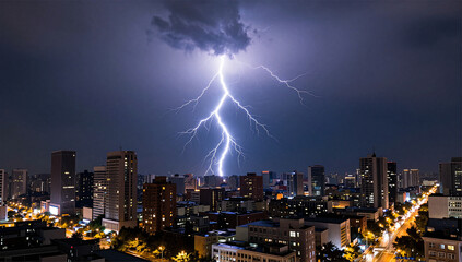 Fototapeta premium Severe Lightning Strike over Modern City Skyline at Night