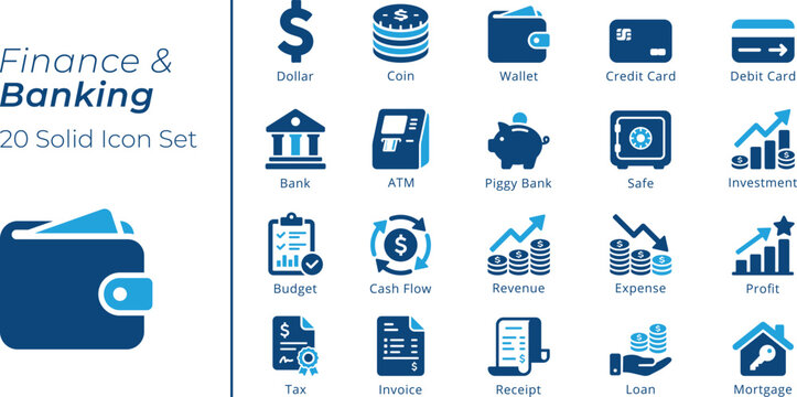 Finance and Banking Icon Set, Dollar, Bank, ATM, Wallet, Credit Card, Investment, Budget, Loan, Mortgage, Solid Vector Icons for Web and App