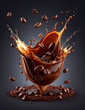 Explosion of Coffee Beans and Liquid in a Splash.