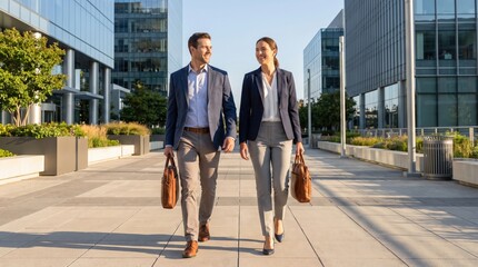 Fototapeta premium Diverse colleagues walking together in a modern business district, symbolizing teamwork and equality