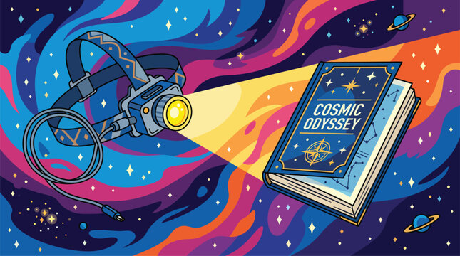Headlamp Illuminating Cosmic Odyssey Book in Vibrant Abstract Galaxy Space, Concept of Discovery and Imagination