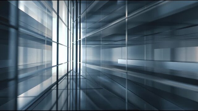 Futuristic dark glass corridor or hallway with glowing panels and reflective surfaces in a perspective view showing architectural symmetry and metallic depth