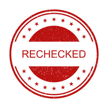 Red round rechecked rubber stamp seal with stars and grunge texture effect isolated on transparent background