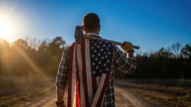 Muscular man holding sledgehammer with American flag on back looking at sky for Labor Day