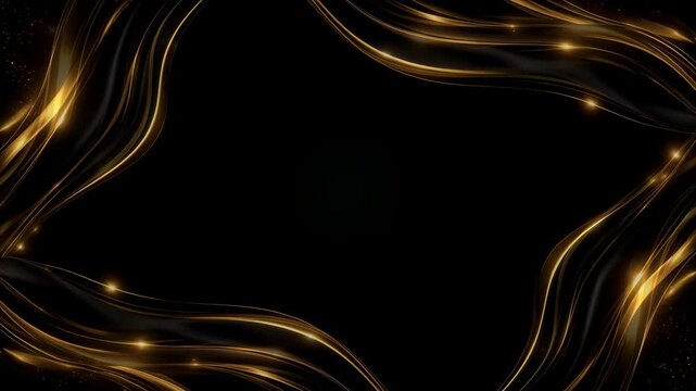 Abstract frame or border of flowing liquid gold and black silk waves with glowing sparkles or particles on dark background for luxury and elegant backdrop or seamless loop