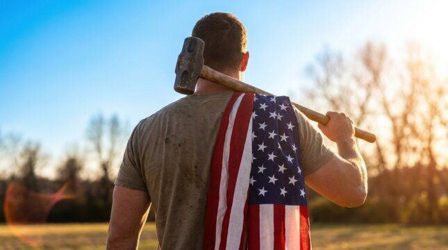 Muscular man holding sledgehammer with American flag on back looking at sky for Labor Day