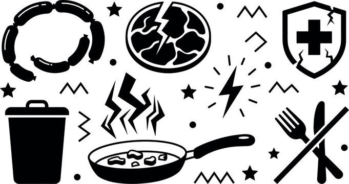 Food Poisoning and Contaminated Diet Icon Set Featuring Spoiled Meat Frying Pan Broken Health Shield Trash Can and Dangerous Bacterial Infection Symbols