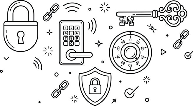 Minimalist Cyber Security and Privacy Protection Icon Set featuring Padlock, Electronic Keypad Door Lock, Safe Dial, Shield, and Vintage Key Line Art Vector Illustration