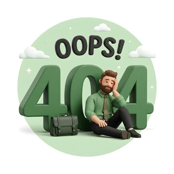 Sad cartoon man sitting by 404 error text oops web concept