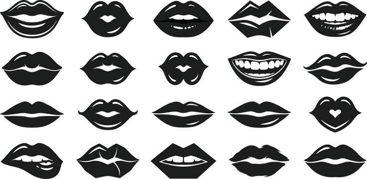 Collection of female lips vector icons showing various mouth expressions smiles teeth biting and lipstick kiss shapes