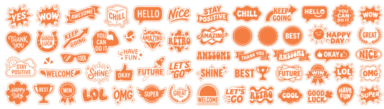 Set of orange typography sticker vector illustrations isolated on white background, motivational quotes, slang words, comic speech bubbles, badges and positive labels collection for planner, scrapbook