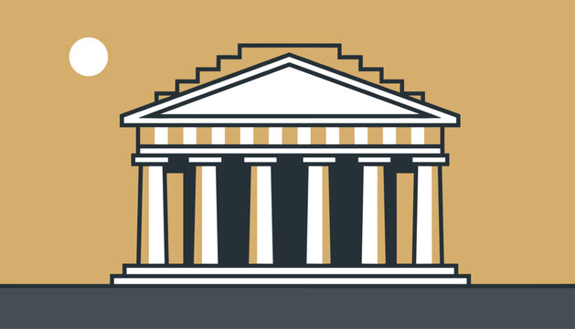 Ancient greek temple parthenon vector illustration showing a column building under a white sun on warm background.
