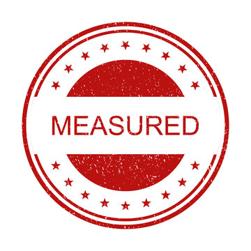 Red round rubber stamp with the word measured and stars in vintage style isolated on transparent background