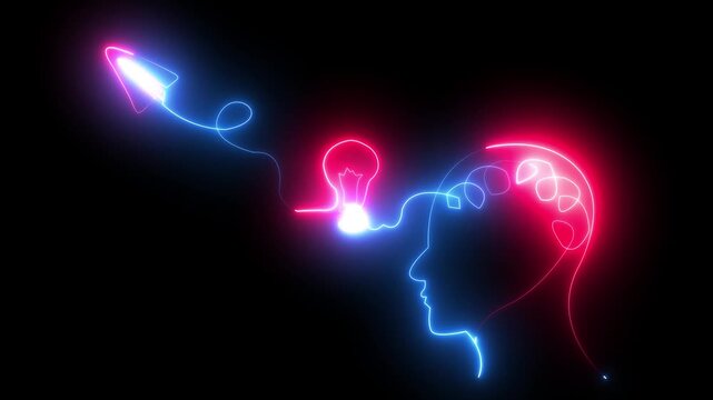 A glowing neon outline of a human head, split between red/pink lighting on the front and blue lighting on the back/brain area. 