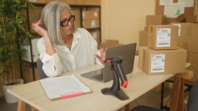 Woman writing on clipboard with pen, hand signing papers beside laptop and parcels in small business building; business focus.
