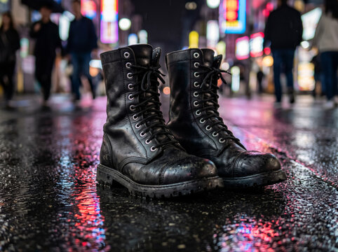 Pair of Black Leather Combat Boots Standing on Wet Night City Street