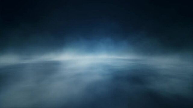 Abstract seamless loop of moving forward through low blue fog or misty clouds over a dark floor surface for cinematic atmosphere or mysterious backdrop