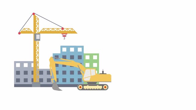 Animation of Construction Site with Crane and Excavator Building Apartment Complex.