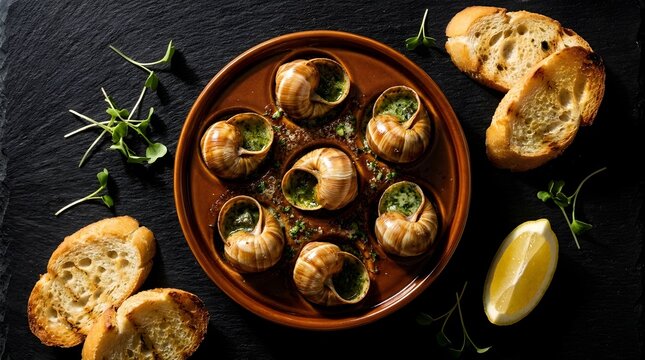 Baked French Escargot with Garlic Bread on Dark Slate