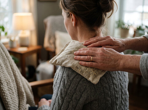 Hands placing warm thermal herbal pack on woman shoulder back