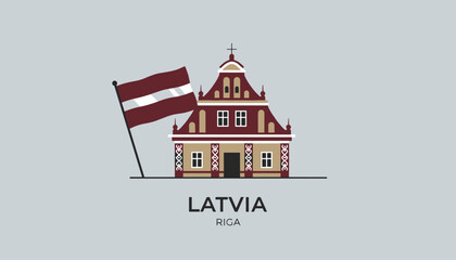 Fototapeta premium Riga emblem featuring a historic building in traditional Latvian colors and the national flag flying on a gray background.