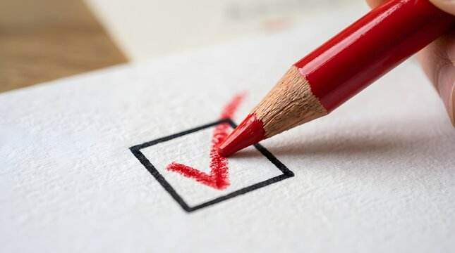 Hand using a red pencil to mark a checkbox on a paper ballot